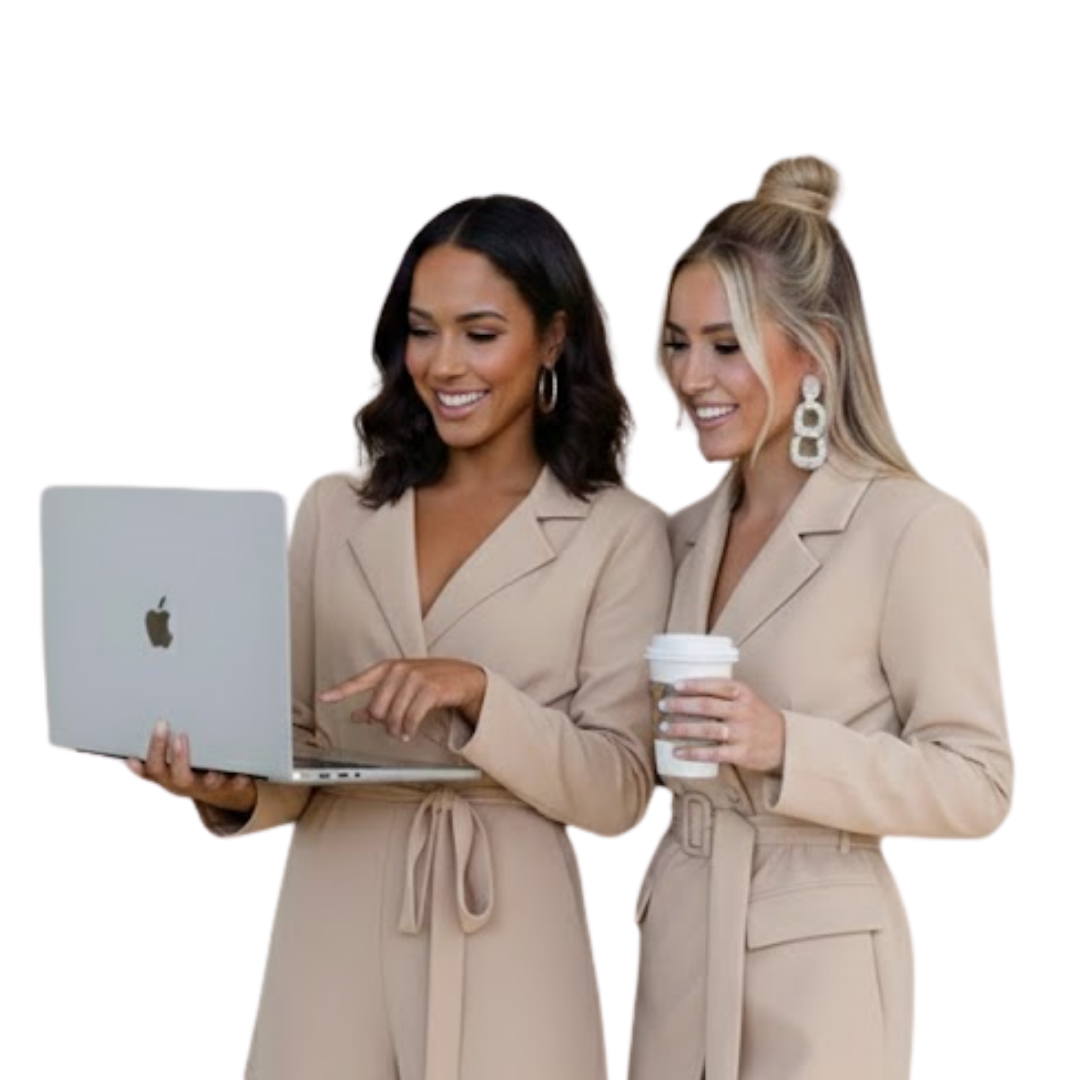 Two women reviewing salon strategy on laptop